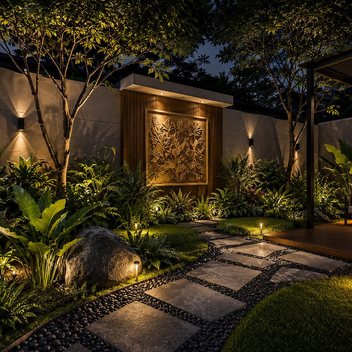 Contoh desain taman modern malam hari